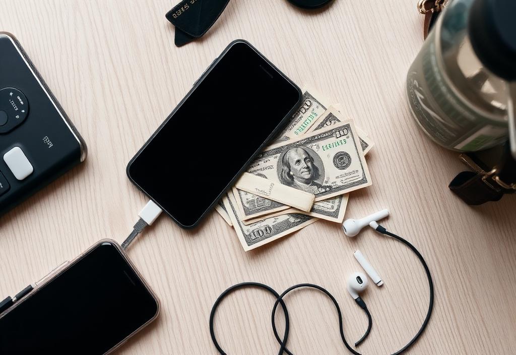 Flat lay of travel essentials: smartphone, power adapter, cash, earbuds and water bottle.