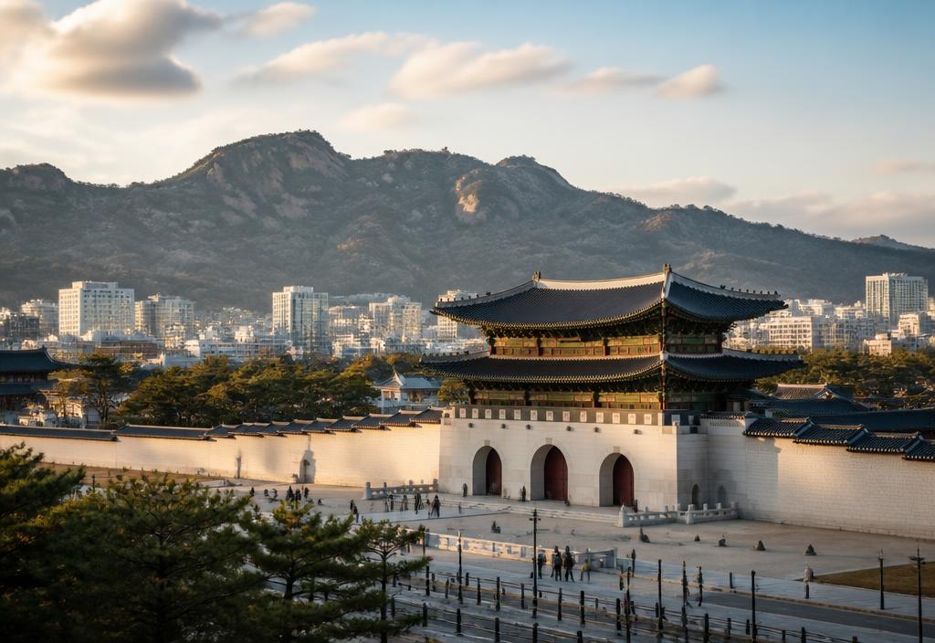 Gyeongbokgung palace gate in Seoul with mountains behind at golden hour