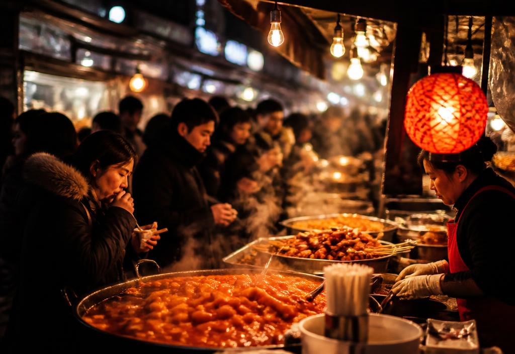 Steaming tteokbokki and skewers at a Korean night market food stall
