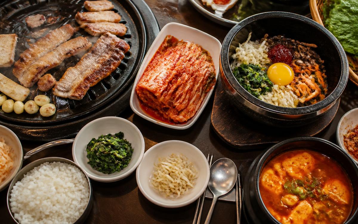 Korean dining table with barbecue, kimchi, bibimbap and side dishes