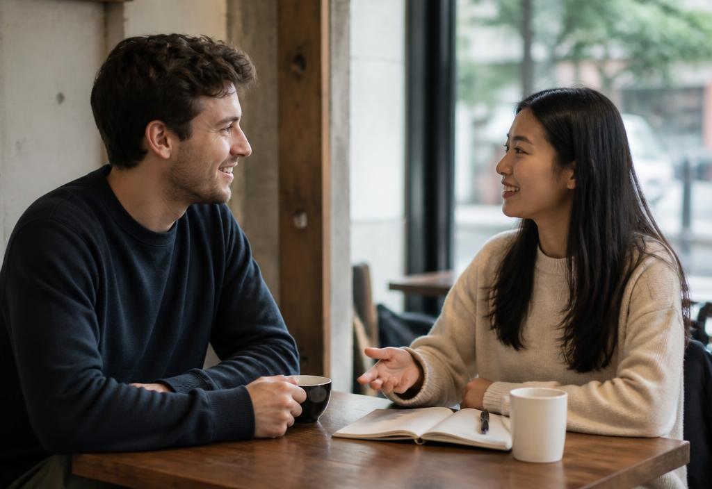 International visitor and Korean local chatting across a café table in Seoul.