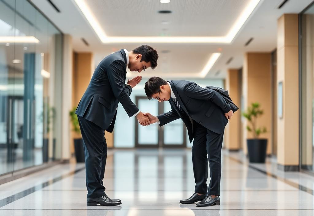 Two Korean colleagues exchanging a formal bow and handshake in a bright office lobby.