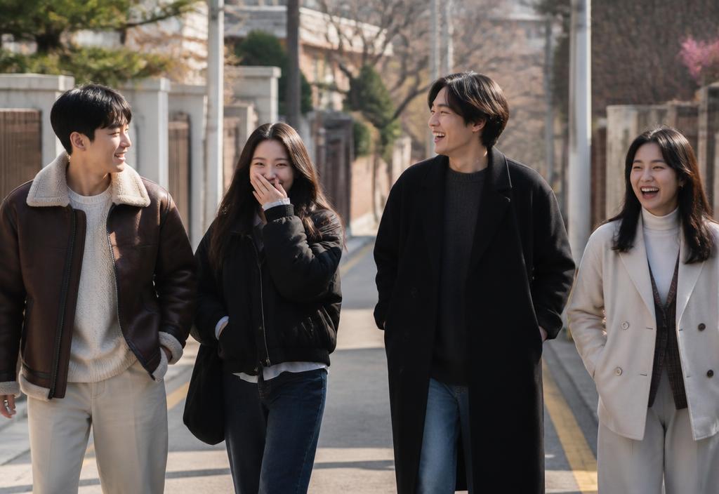 Group of young Korean friends laughing while walking along a Seoul street.
