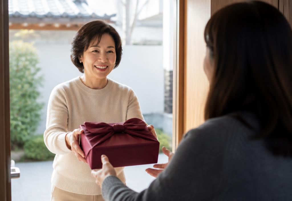 Wrapped gift box being offered with both hands at the entrance of a Korean home.