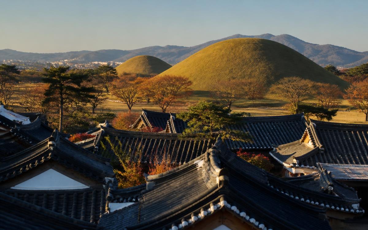 Hanok rooftops and royal tomb mounds in Gyeongju
