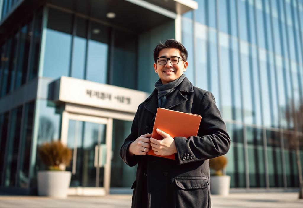 Foreign resident holding a document folder outside a modern government office building in Seoul.