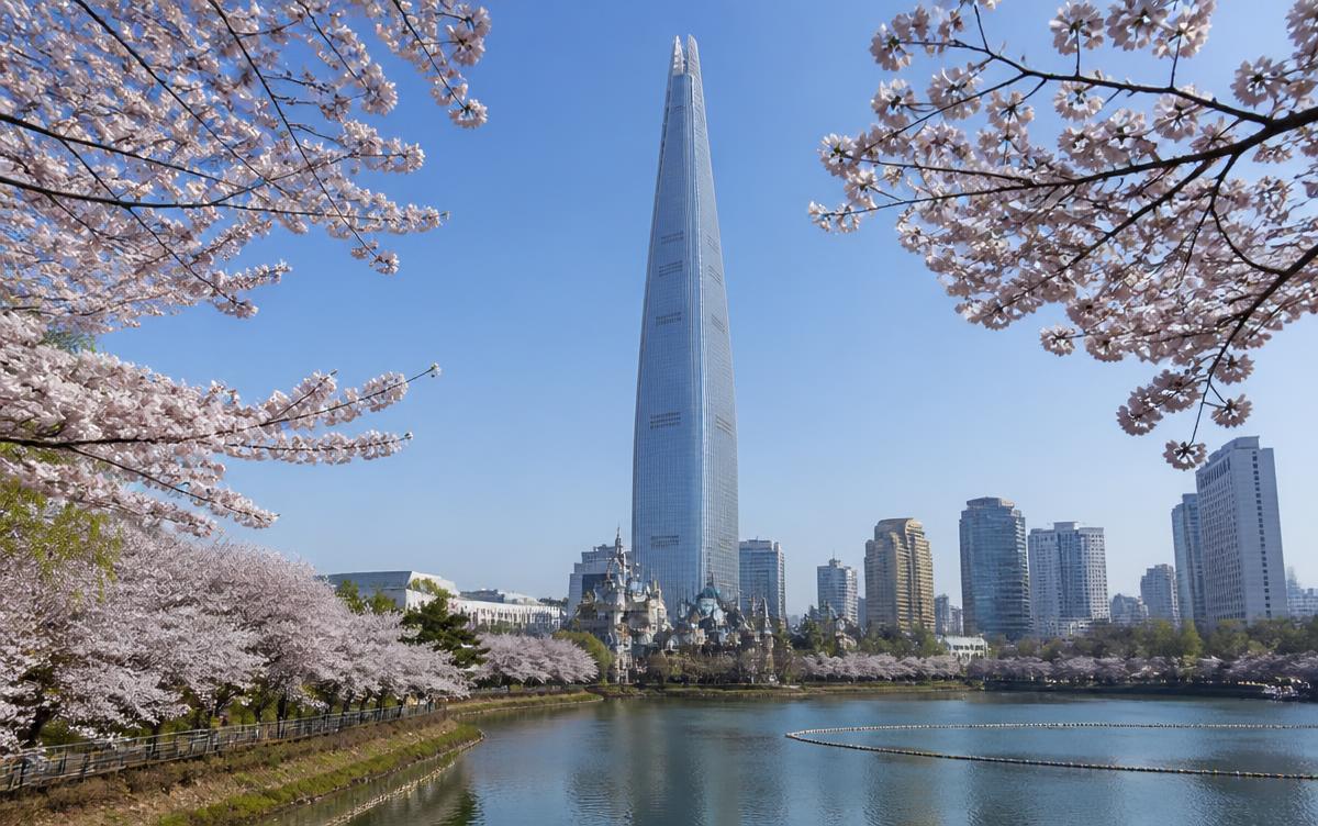 Lotte World Tower above Seokchon Lake in Jamsil, Seoul