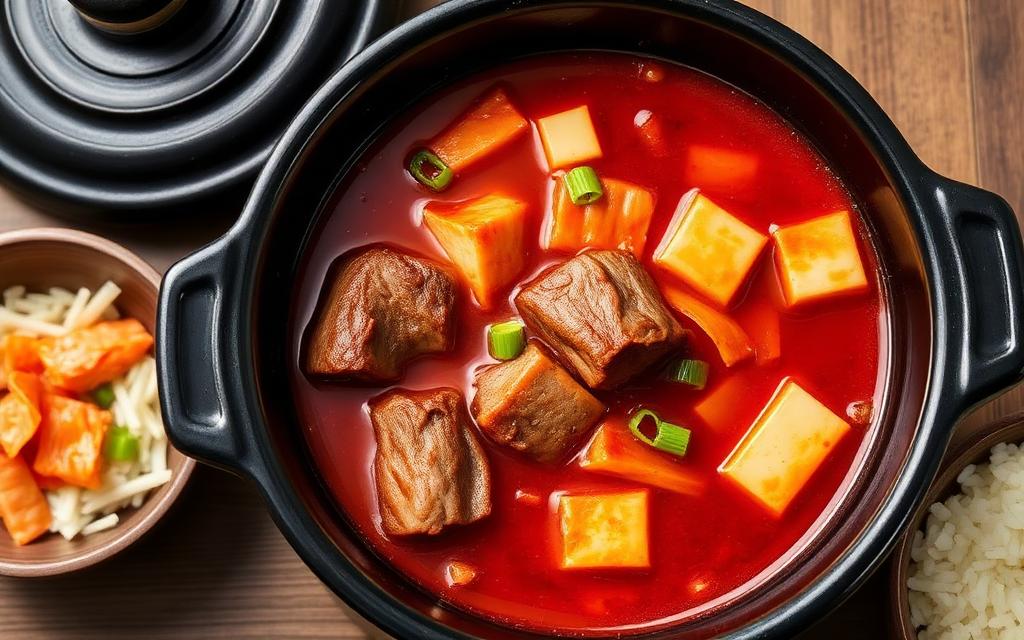 Bubbling kimchi jjigae stew in an earthenware pot