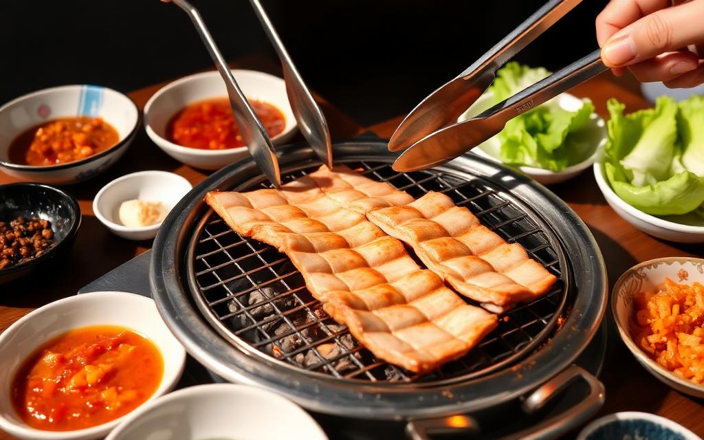 Korean barbecue grill with pork belly and side dishes