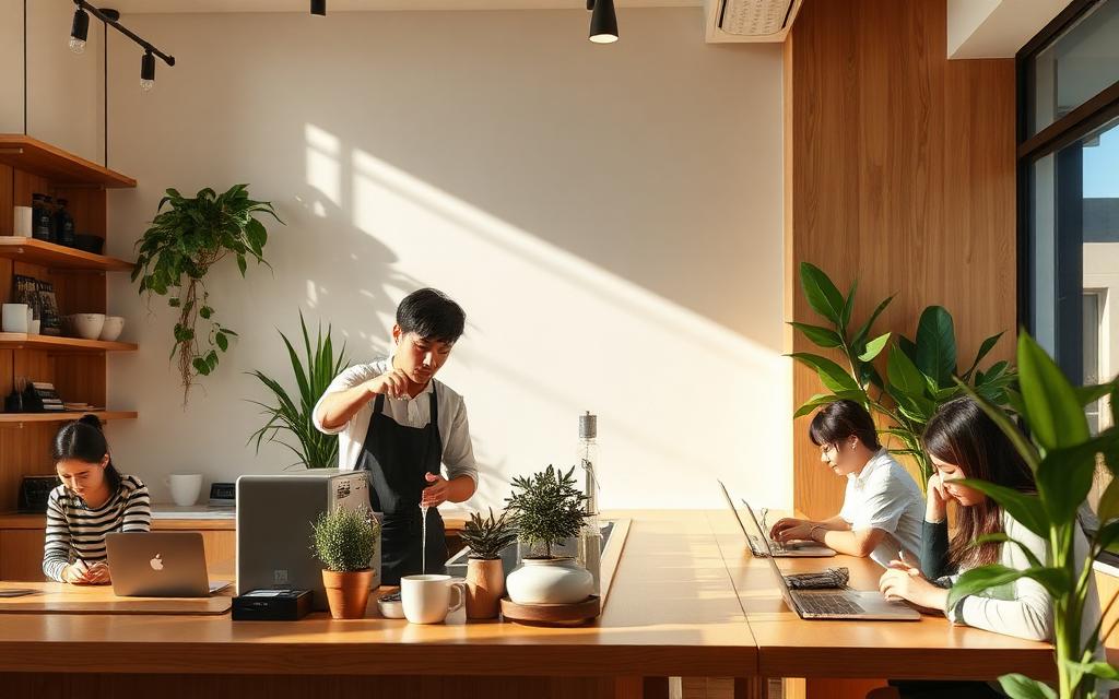 Modern Korean café interior with barista and customers