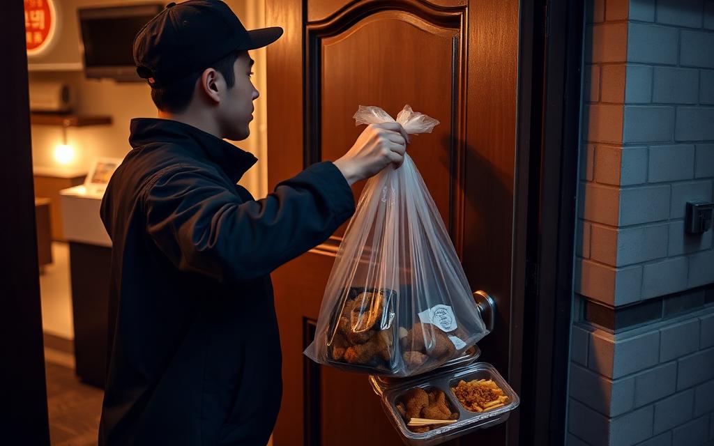 Korean food delivery handover at a door