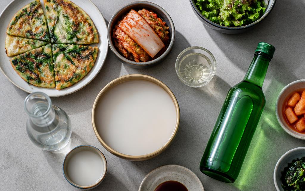 Assortment of Korean drinks including soju and makgeolli