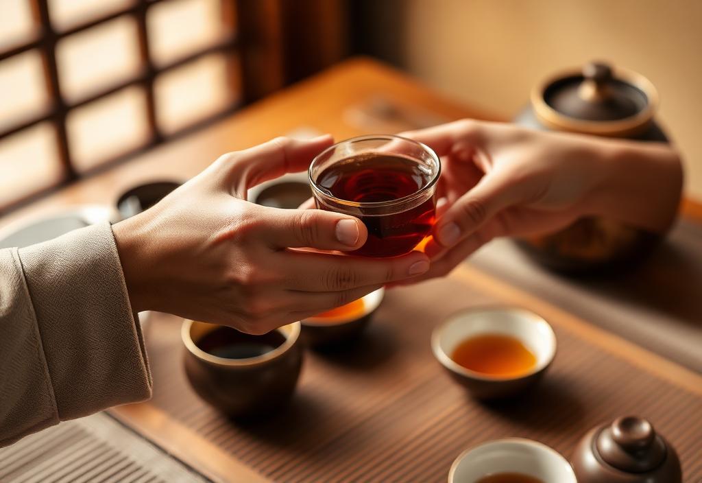 Cup of tea offered and received with both hands at a traditional Korean table.