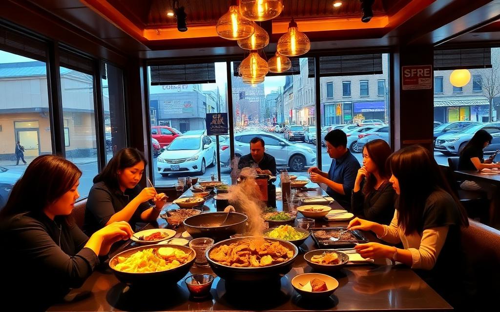 Korean restaurant abroad with diners sharing dishes