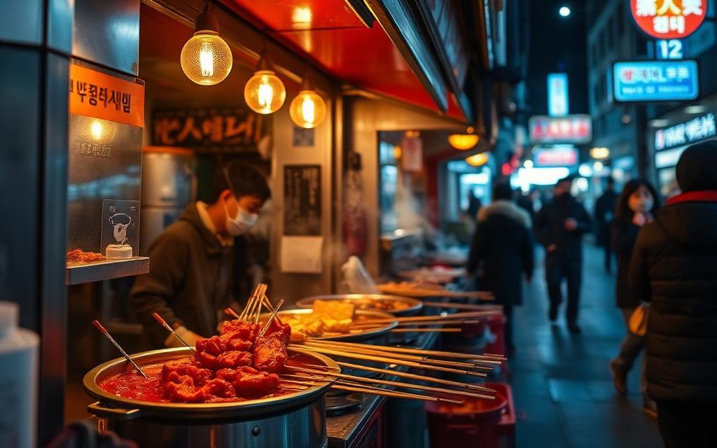 Korean street food stall with tteokbokki and skewers