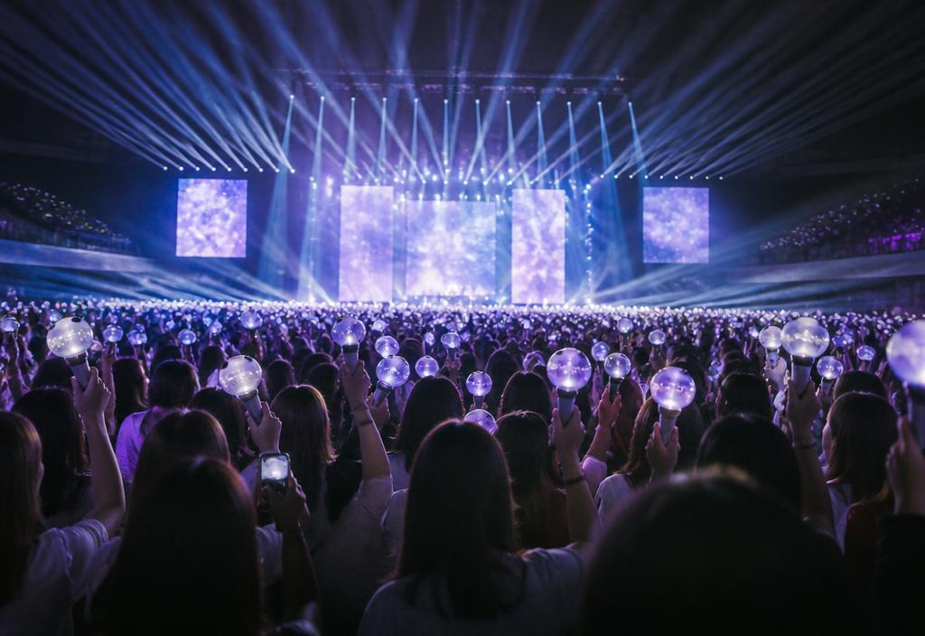 Concert crowd holding glowing light sticks at a Seoul arena show