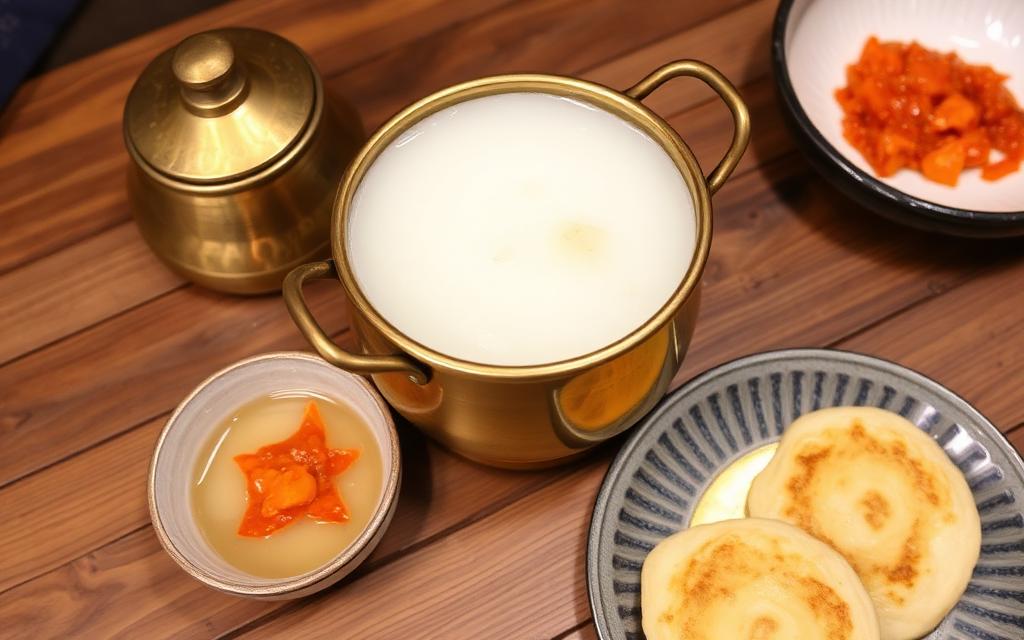 Makgeolli rice wine in a brass kettle with pancake