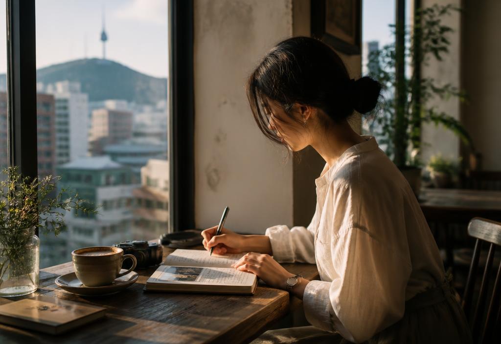 Traveller writing in a journal at a Seoul cafe window