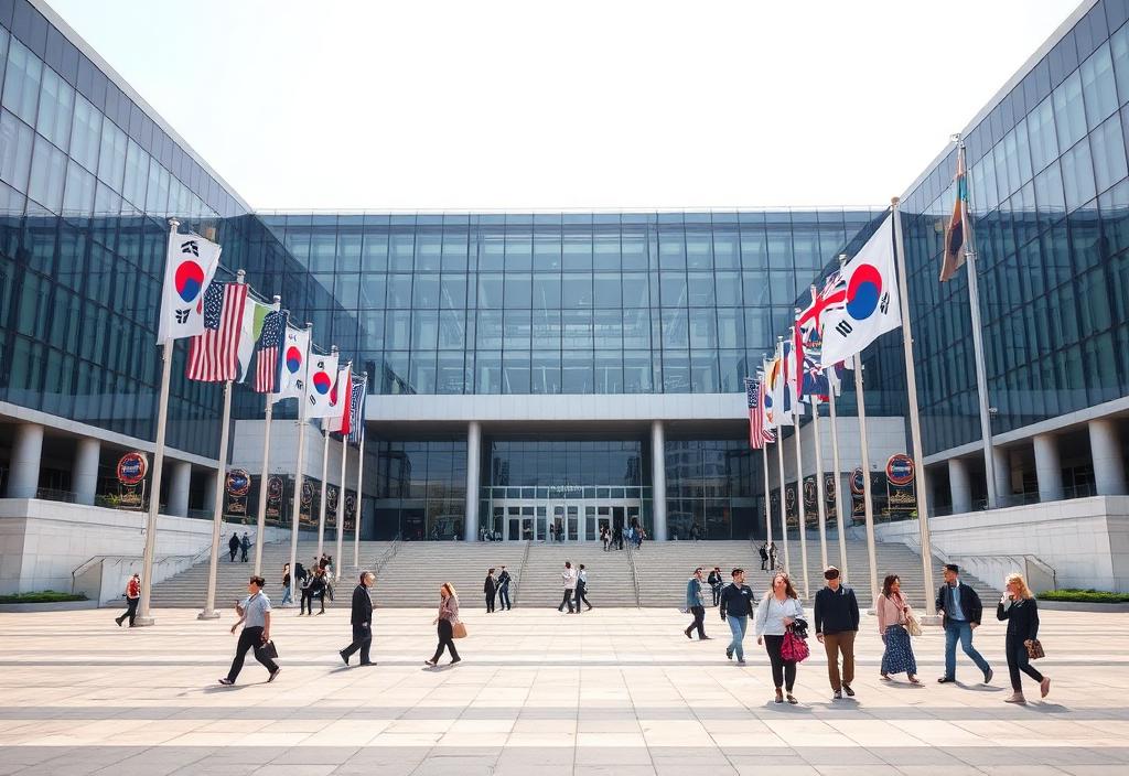 Modern Korean city hall plaza with flags and citizens walking in daylight.