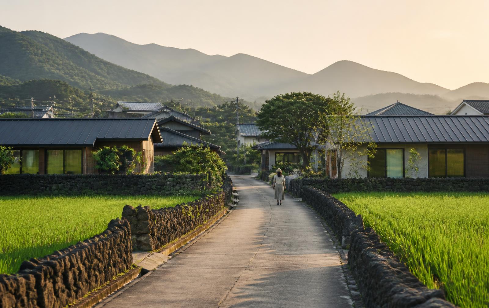 Quiet street of low-rise buildings in a small South Korean provincial town with forested hills behind