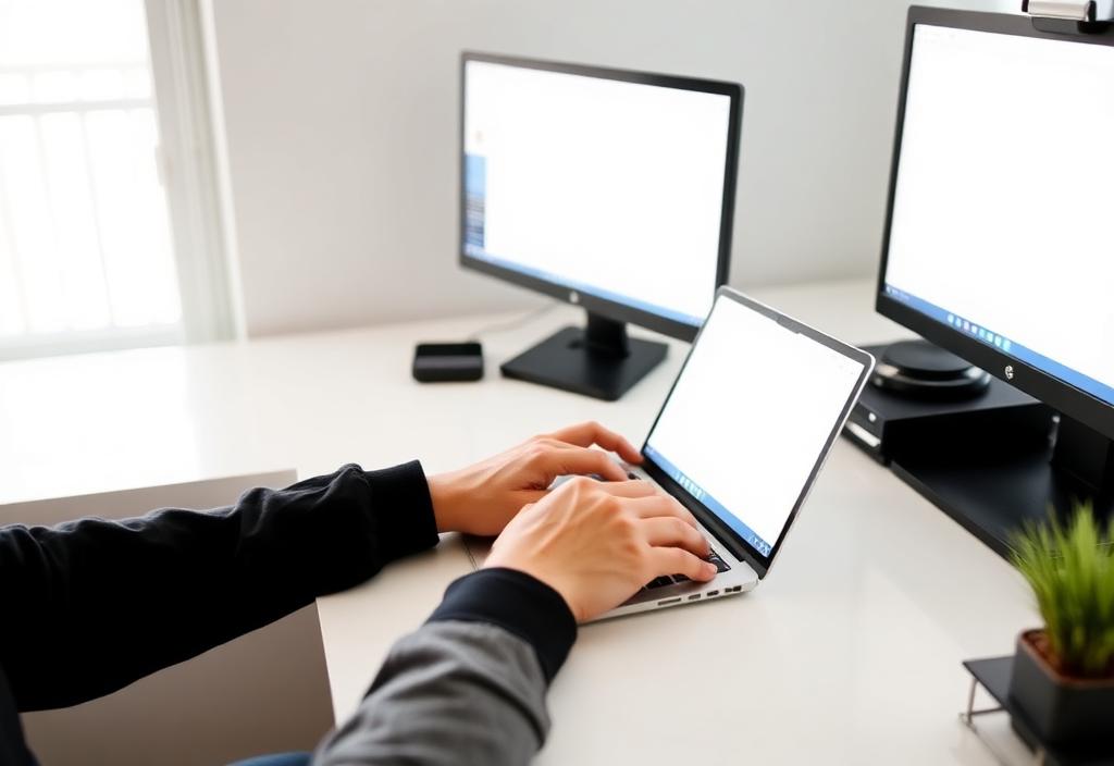 Person using a laptop at a bright desk to access online government services.