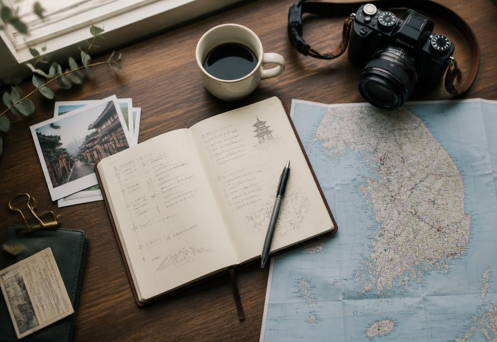 Notebook, map of Korea and camera on a desk while planning a trip