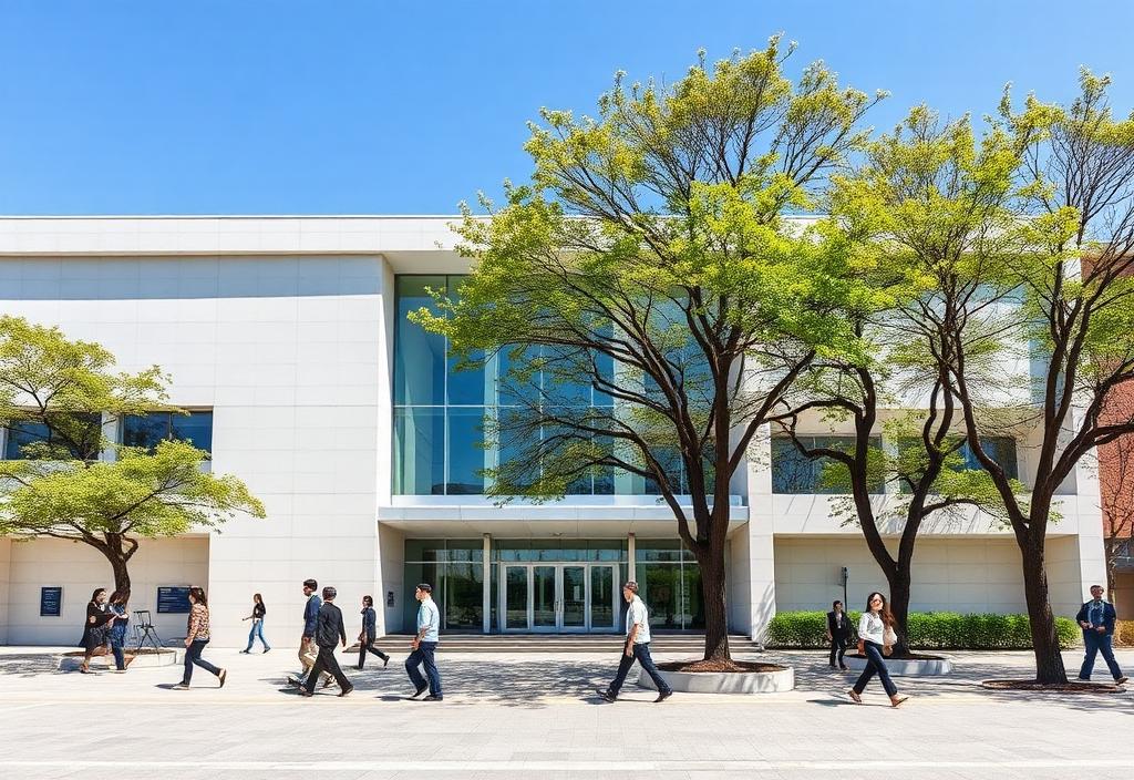 Modern Korean public community centre exterior with people walking past on a sunny plaza.