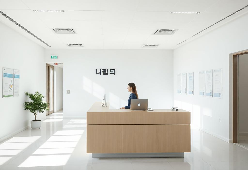 Bright modern Korean public office interior with a staff member at a reception desk.