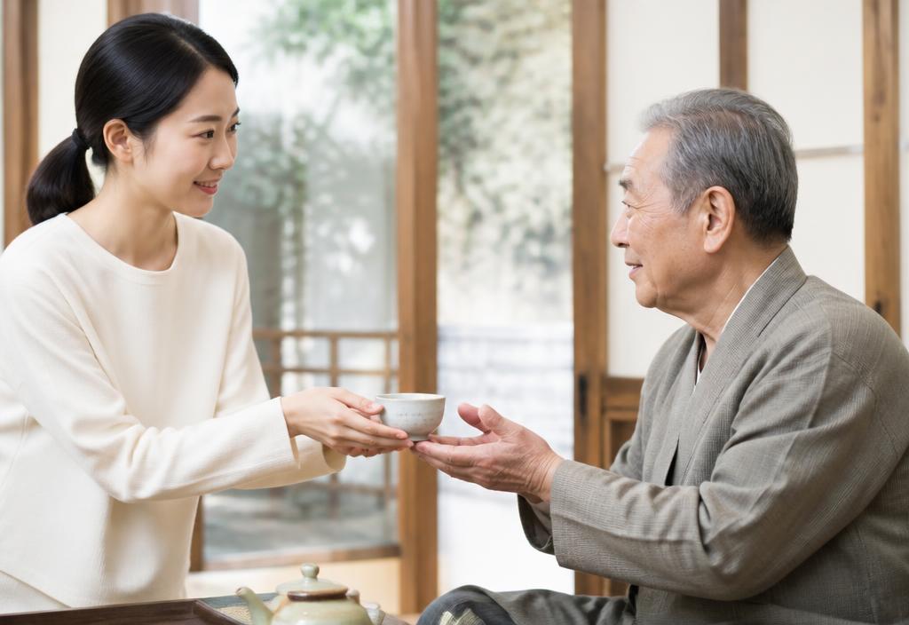 Young Korean woman offering tea with both hands to an elderly man in a bright traditional room.