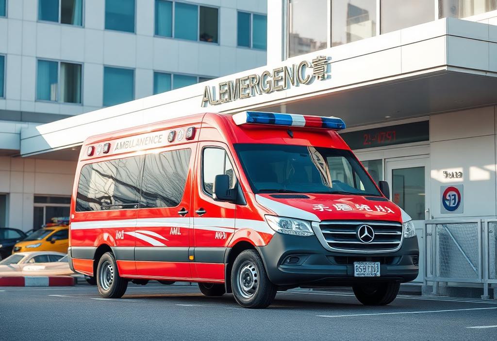 Korean ambulance parked at a modern hospital emergency entrance in daylight.