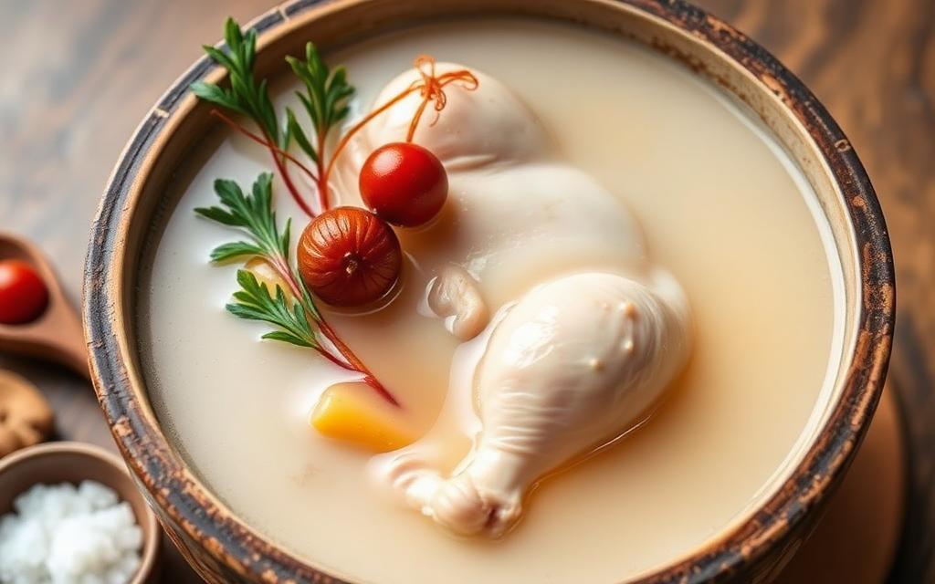 Samgyetang ginseng chicken soup in a stone pot