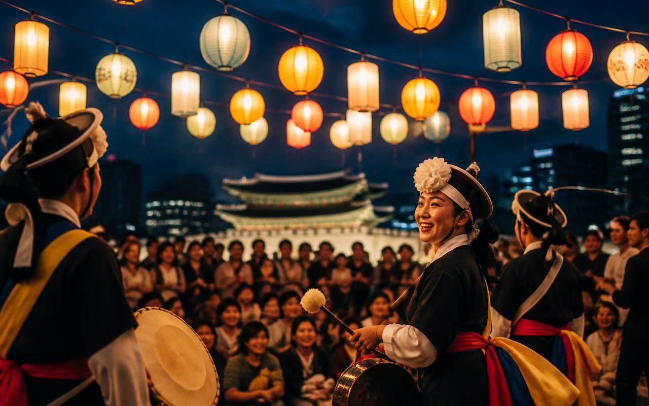 Festive night event with glowing lanterns and a crowd enjoying a cultural celebration in Seoul