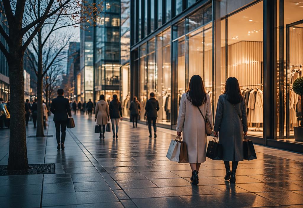 Shoppers with paper bags on a modern Seoul shopping street at dusk