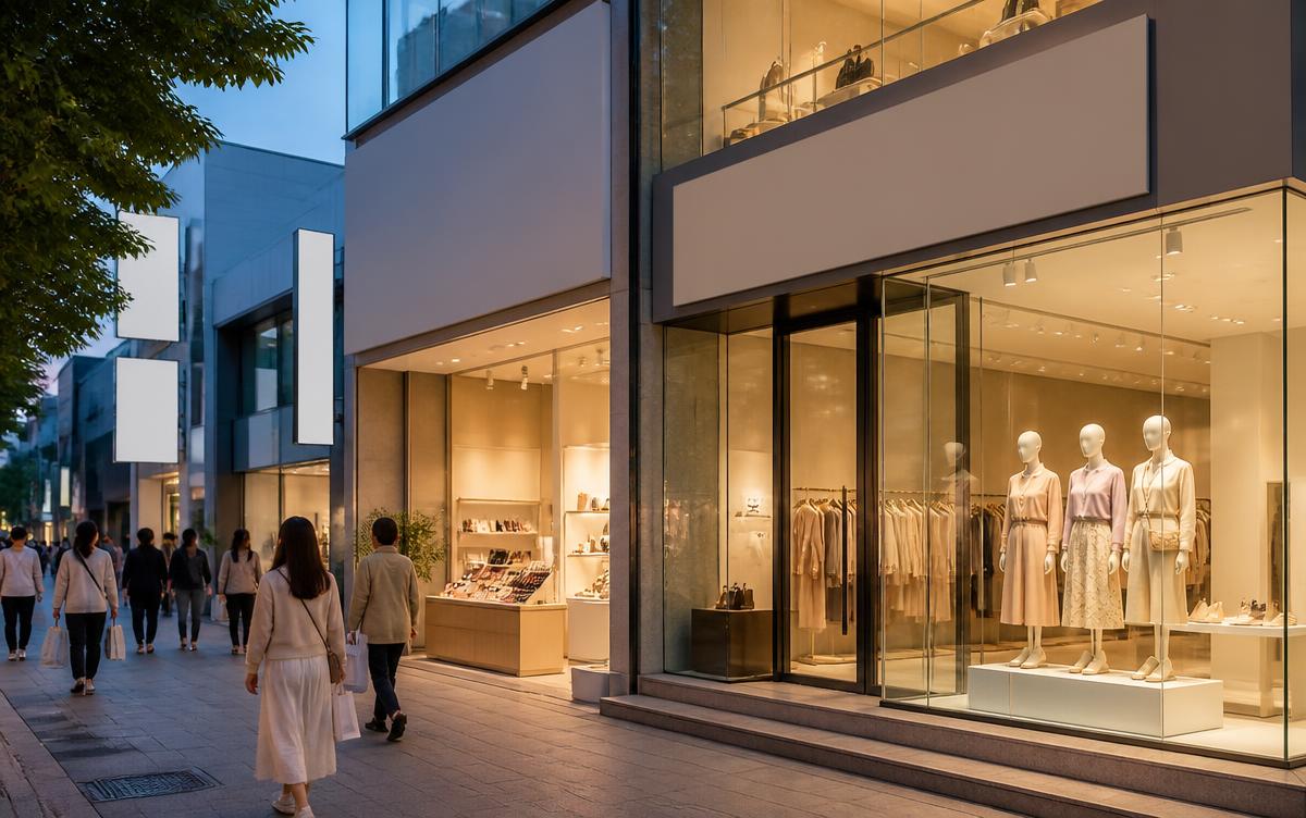 Modern Seoul shopping street with lit fashion storefronts at dusk