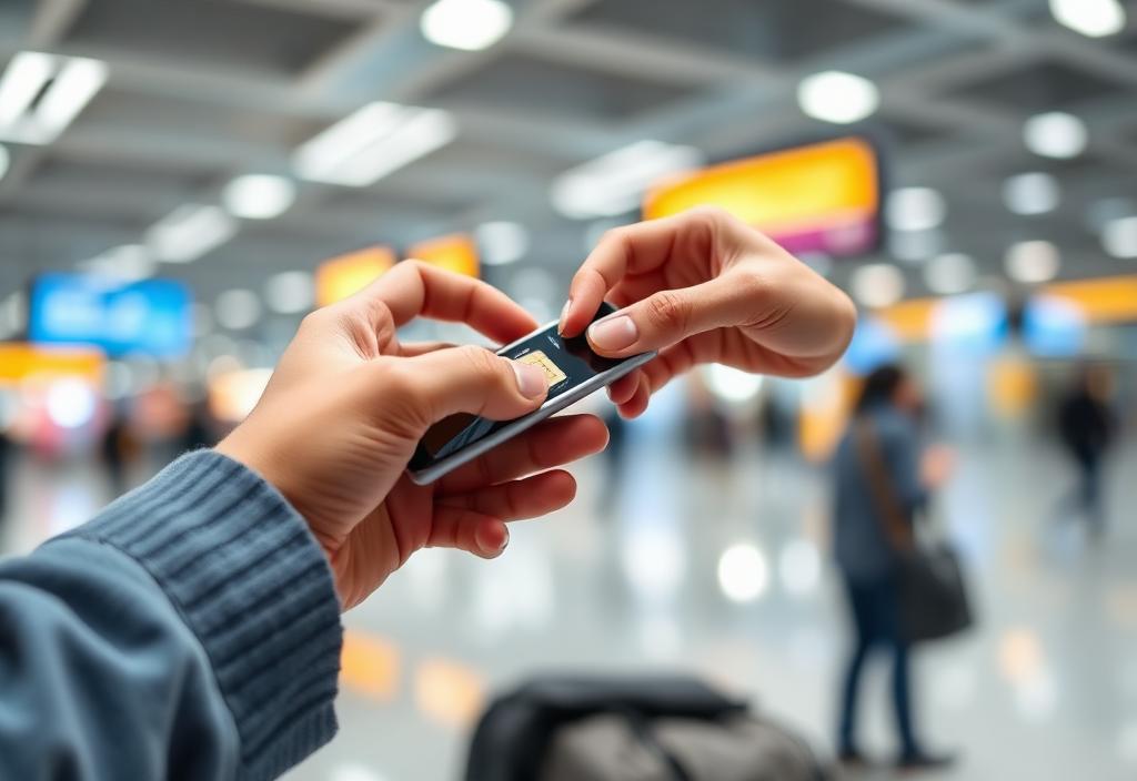 Hands inserting a SIM card into a smartphone inside an airport arrivals hall.