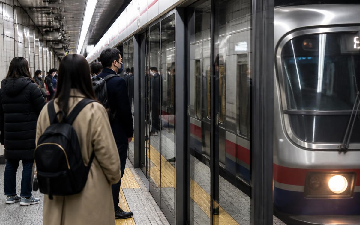 Seoul Metro platform with a train arriving behind screen doors