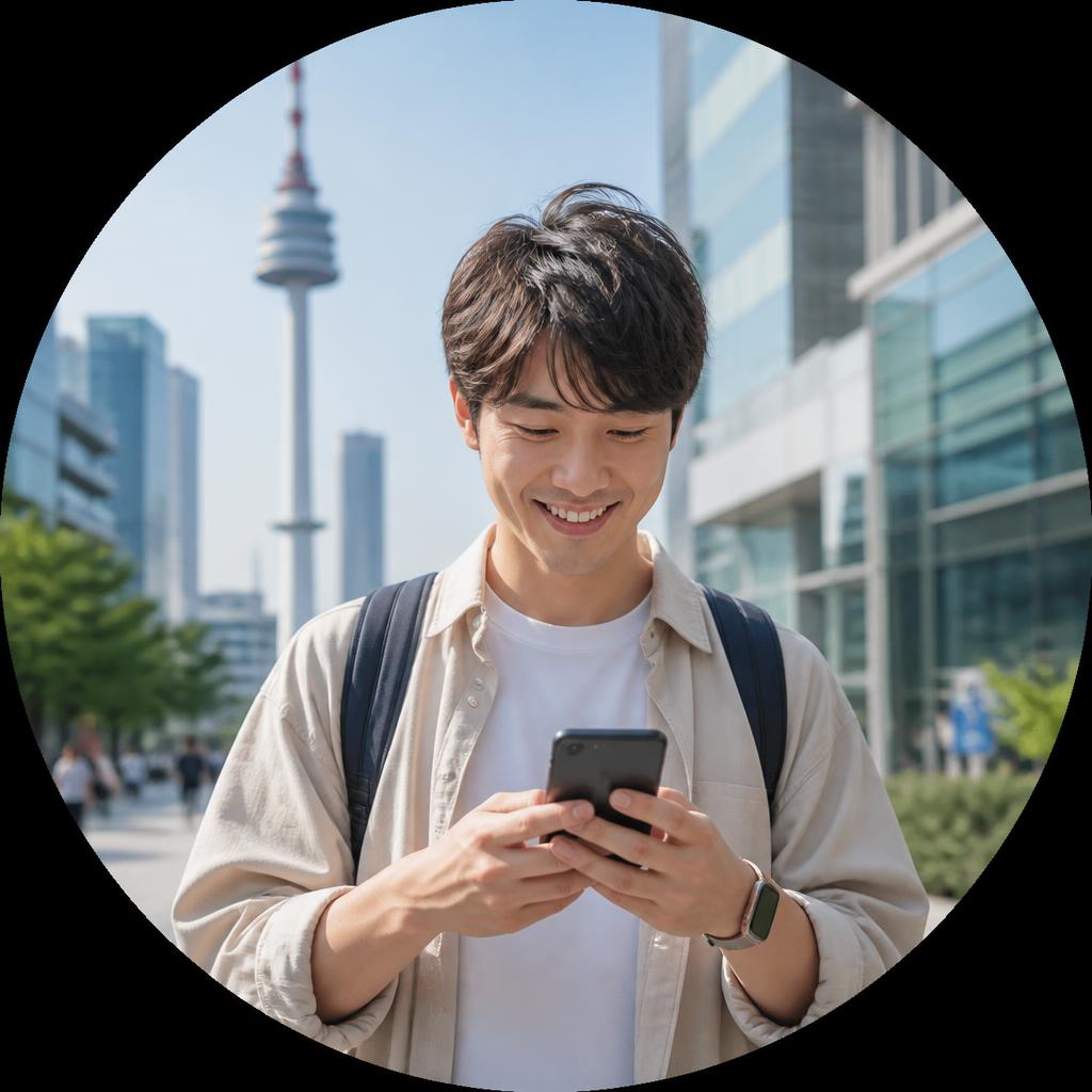 Hand holding a smartphone with a map app on a Seoul street.