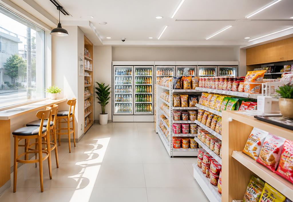 Bright modern Korean convenience store interior with snack aisles and window seating.