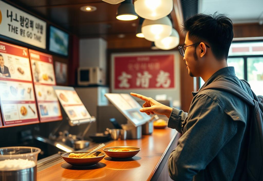 Traveler ordering at a Korean restaurant counter by pointing at the menu.