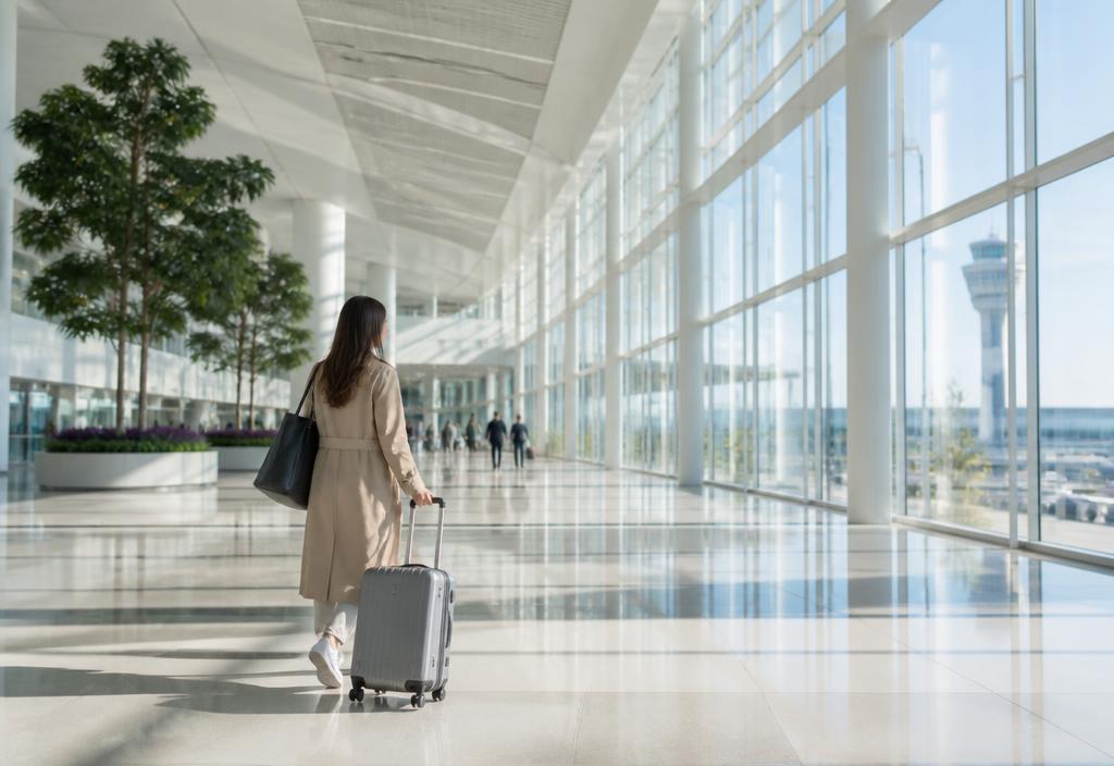 Traveller with luggage in an airport terminal