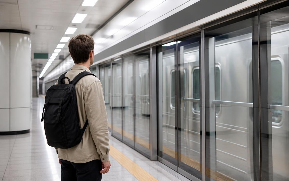 Traveller with a backpack waiting on a modern Seoul subway platform
