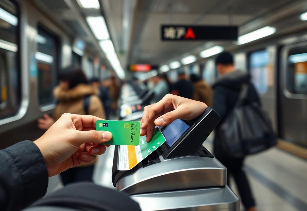 Hand tapping a transit card on a Seoul subway turnstile reader.
