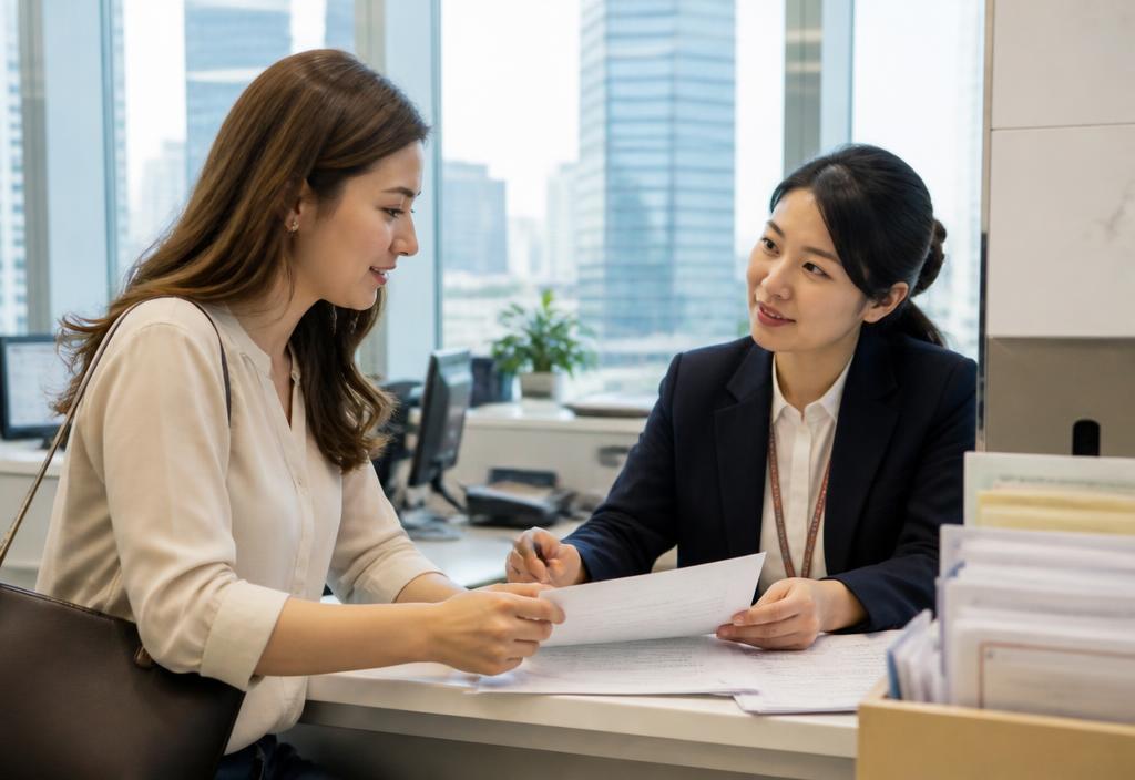 A foreign resident reviewing documents with a Korean staff member at a bright modern public service counter.