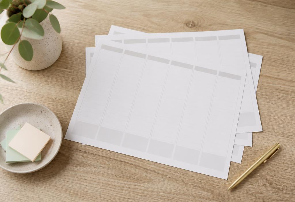 Printed day-by-day planning sheets on a wooden table with a pen