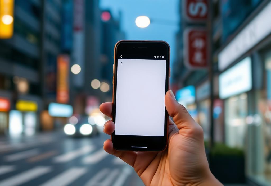 Hand holding a smartphone with a translation app on a Seoul street at dusk.