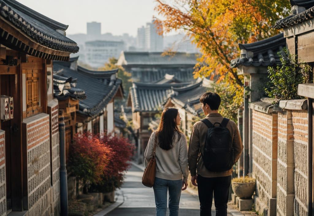 Two travellers walking a hanok village lane in Seoul in autumn