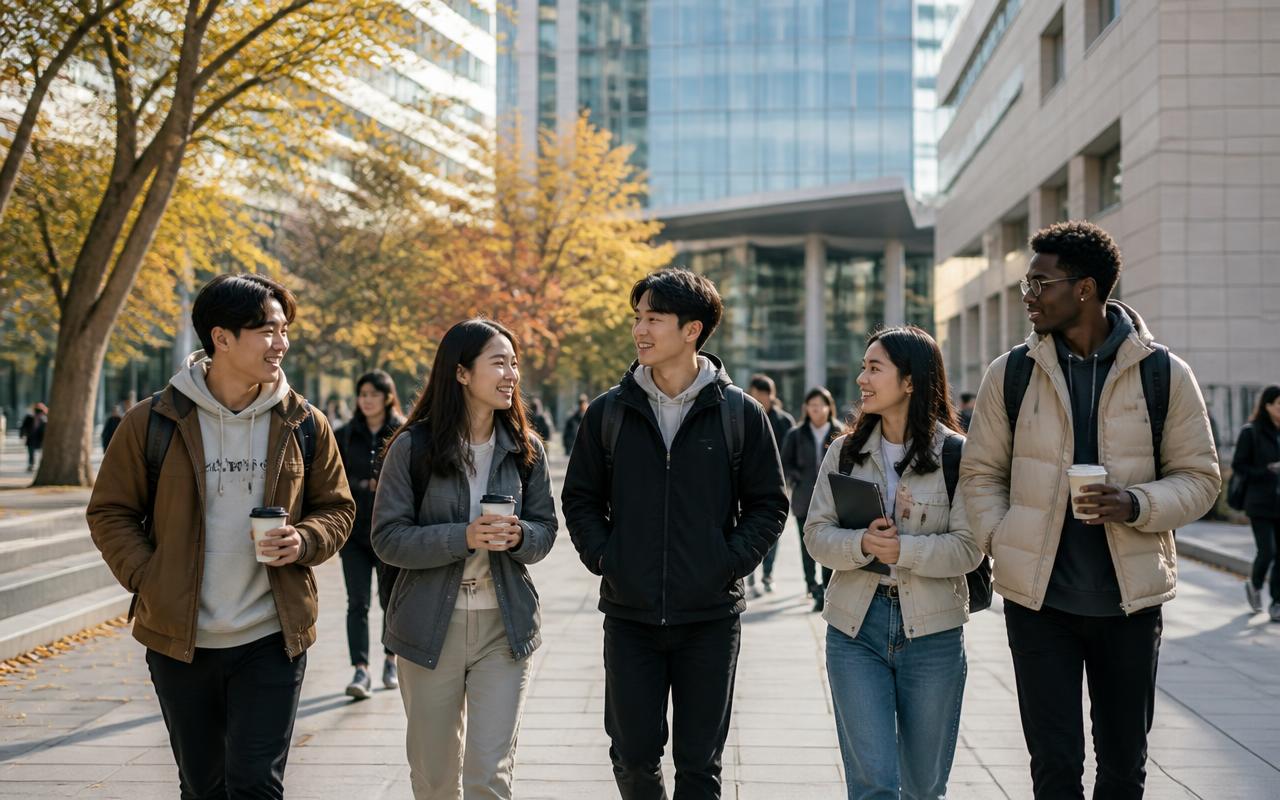 Contemporary Korean university campus building and plaza
