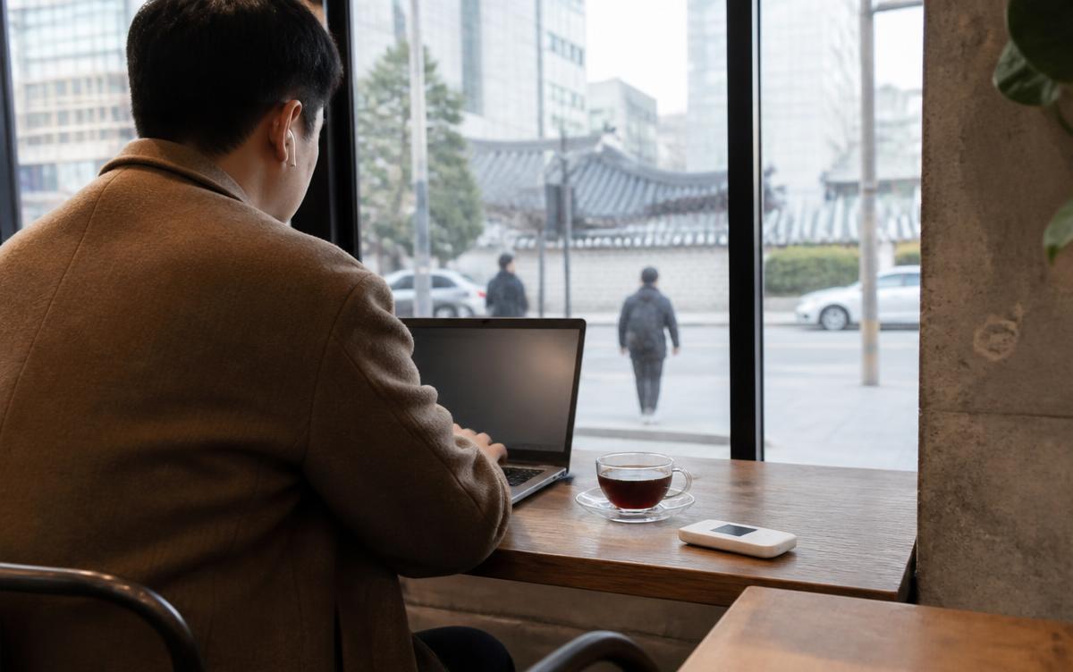 Laptop and pocket Wi-Fi router in a Seoul café by the window